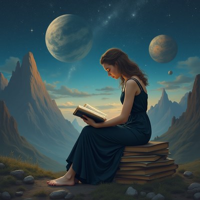 Woman reading book amid starry mountains