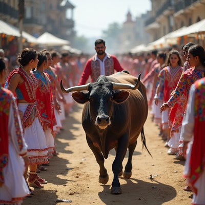 Bull Led by Women in Traditional Street Parade