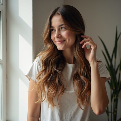 Smiling woman by window with plant