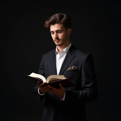 Man in suit reading book