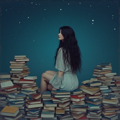 Asian woman sitting on books under stars