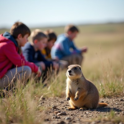 Cute prairie dog watched by children