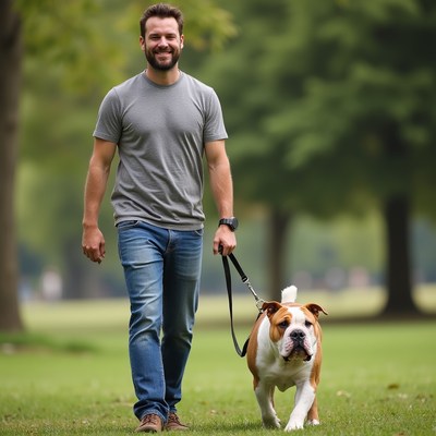 Man walking bulldog in park