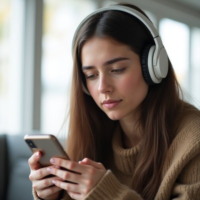 Woman wearing headphones using smartphone