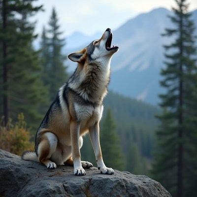 Coyote howling on mountain rock