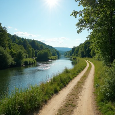 Dirt Path Along River in Forest