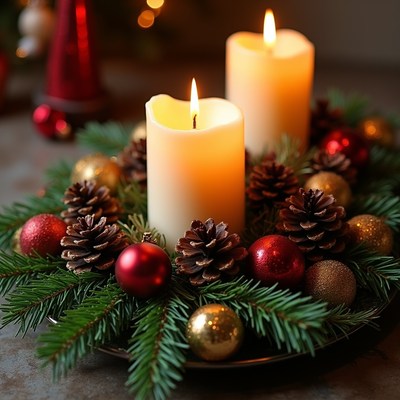 Christmas Candle Centerpiece with Pine Cones
