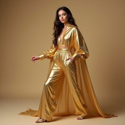 Woman in shiny gold pantsuit