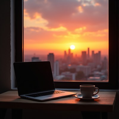 Laptop and Coffee by Sunset Cityscape