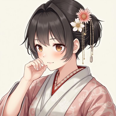 Anime girl in pink kimono with flower
