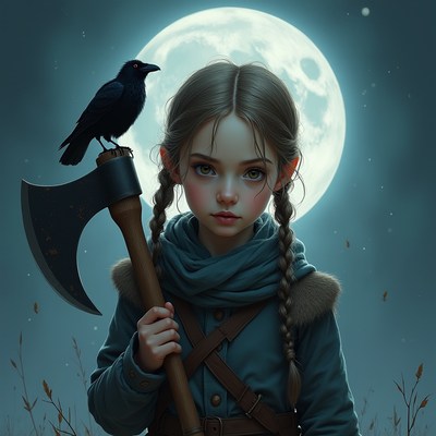 Girl with raven holding axe under moon