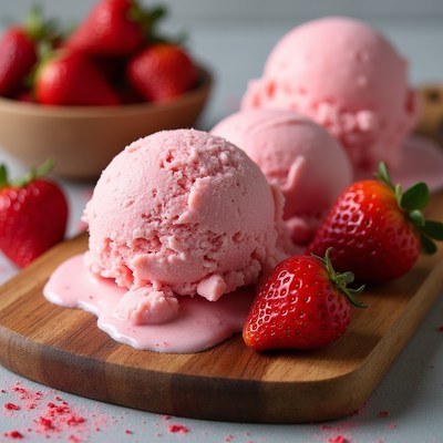 Strawberry Ice Cream Scoops with Fresh Berries