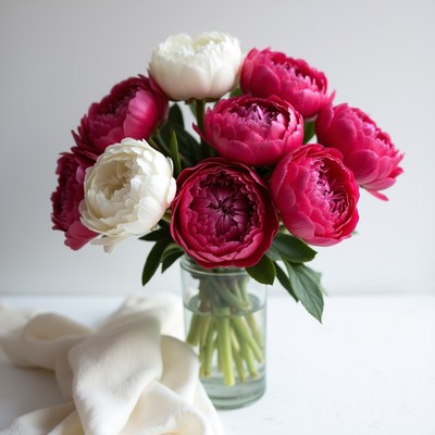 Pink and White Peonies in Glass Vase