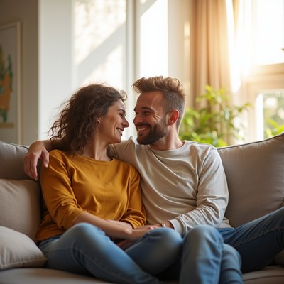 Smiling couple embracing on couch
