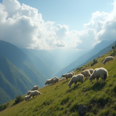 Sheep grazing on green mountain hillside