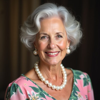 Elderly woman smiling with pearl necklace