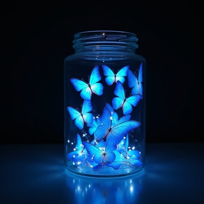 Blue Butterflies in Glass Jar