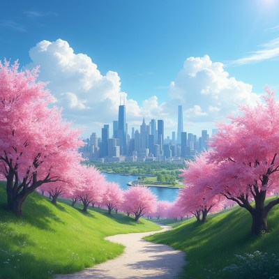 Cherry Blossoms Framing Chicago Skyline