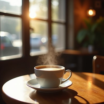 Steaming Coffee Cup on Cafe Table