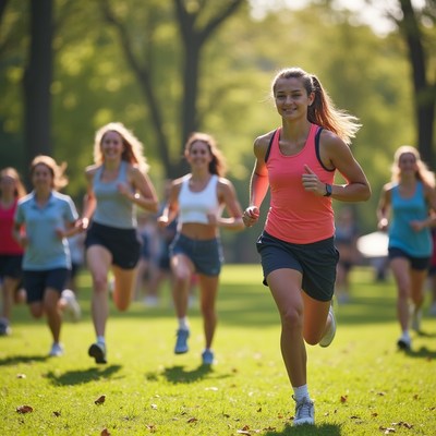 Group of women running in park