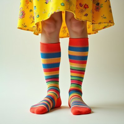 Girl in yellow dress with colorful striped socks