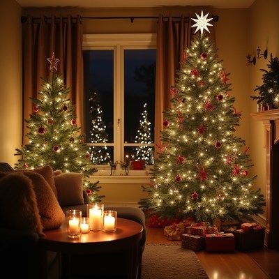 Cozy Living Room with Christmas Trees