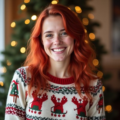 Smiling woman in red-nosed reindeer sweater