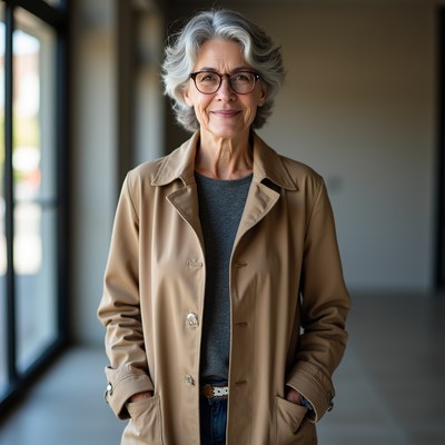 Elderly woman in beige trench coat