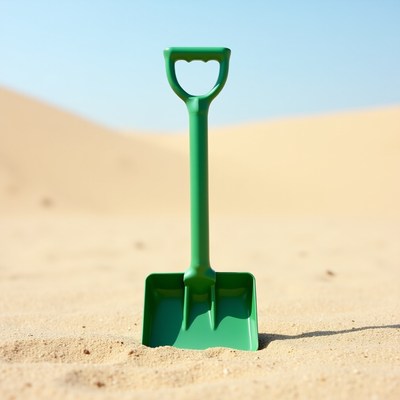 Green beach shovel in sand dunes