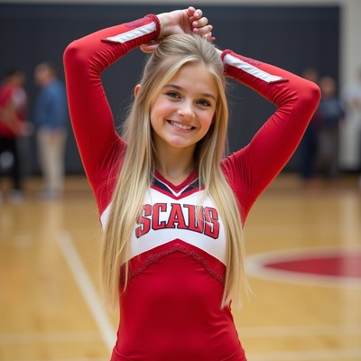 Blonde cheerleader posing in red uniform