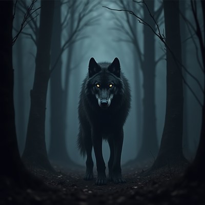 Black wolf in misty forest