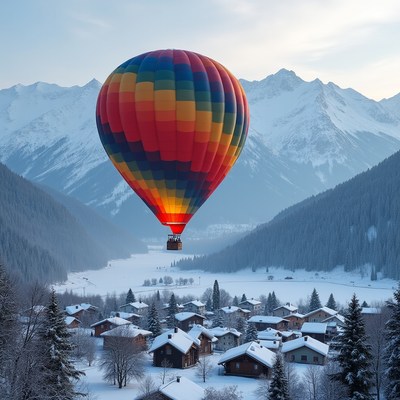 Colorful Hot Air Balloon Over Snowy Mountains