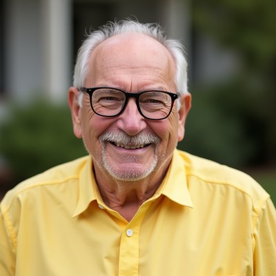 Smiling elderly man in yellow shirt