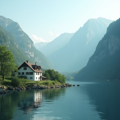 White house by lake and mountains