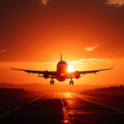 Airplane Taking Off at Sunset