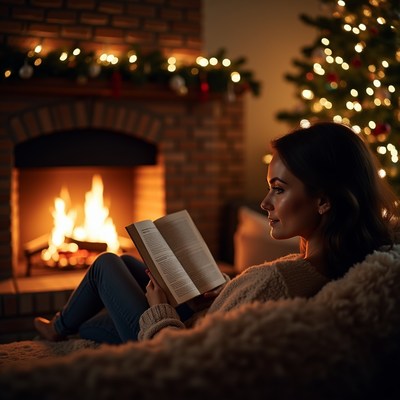 Woman reading book by fireplace Christmas