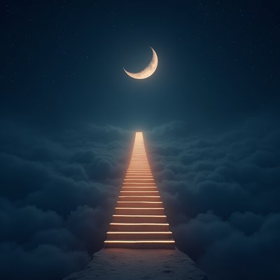 Golden Stairs to Crescent Moon in Clouds