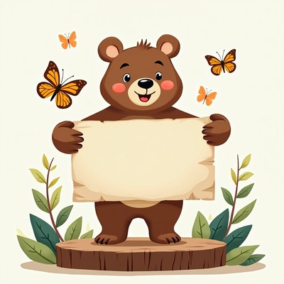 Cartoon bear holding blank sign