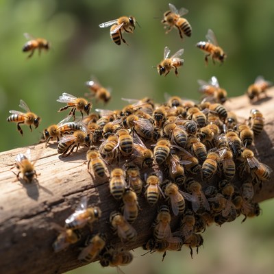 Honeybees clustered on wooden log