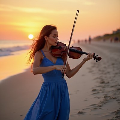 Woman playing violin on beach at sunset