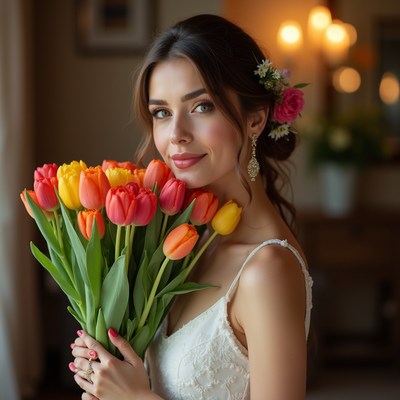 Woman holding colorful tulips in white dress