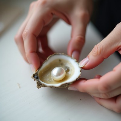 Hands Holding Oyster with Pearl