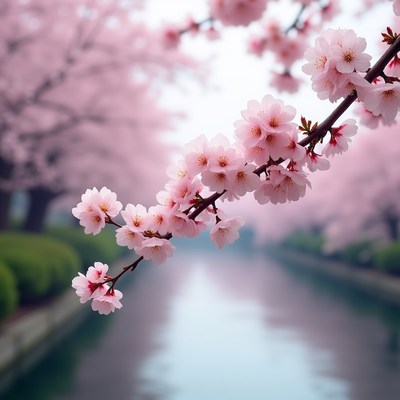 Cherry Blossoms Over Canal