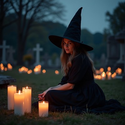 Witch woman sitting in graveyard