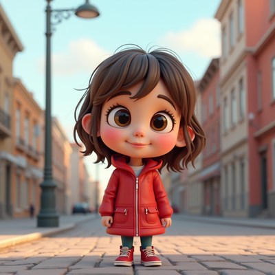 Cute girl in red coat on street