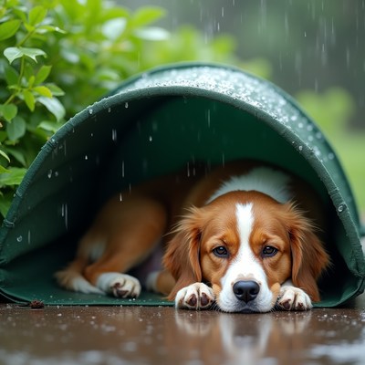 Dog hiding in green tunnel during rain