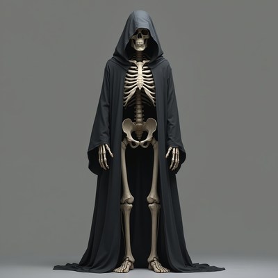 Skeleton in Black Hooded Cloak