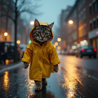Tabby cat walking in yellow raincoat