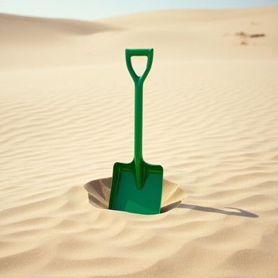 Green Shovel Stuck in Sand Dune