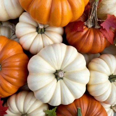 Orange and White Pumpkins with Autumn Leaves